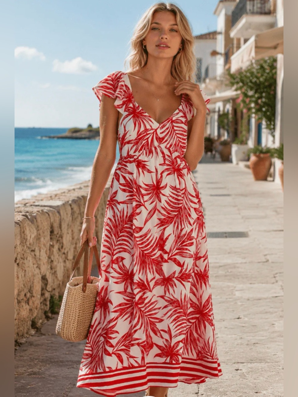 WOMEN'S RUFFLE SLEEVE V-NECK OPEN BACK ELASTIC WAIST RED LEAF PRINT MAXI DRESS